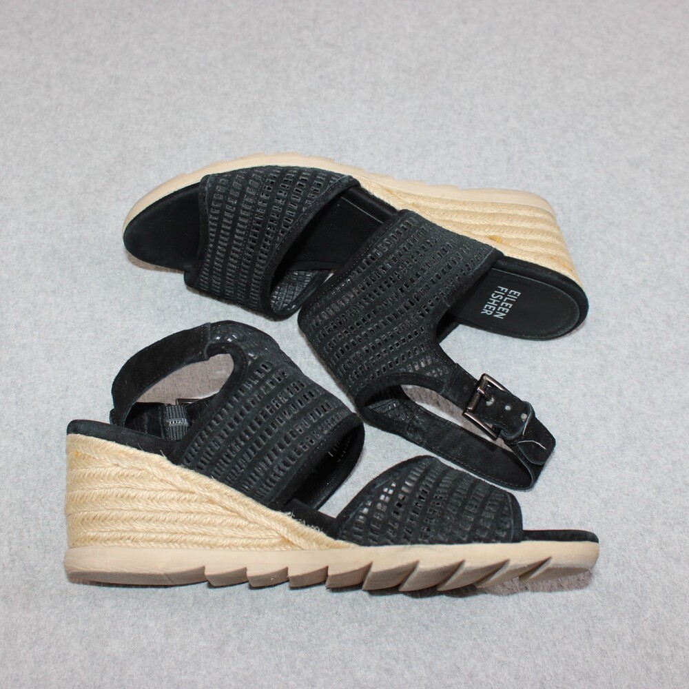 Eileen Fisher Sandals Shoes Womens Size 7 1/2 Black Leather Ankle Strap Comfort